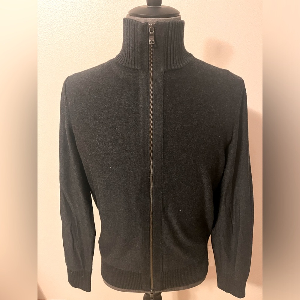 Banana Republic NWT black zip up sweater cotton w unique fake leather forearm.